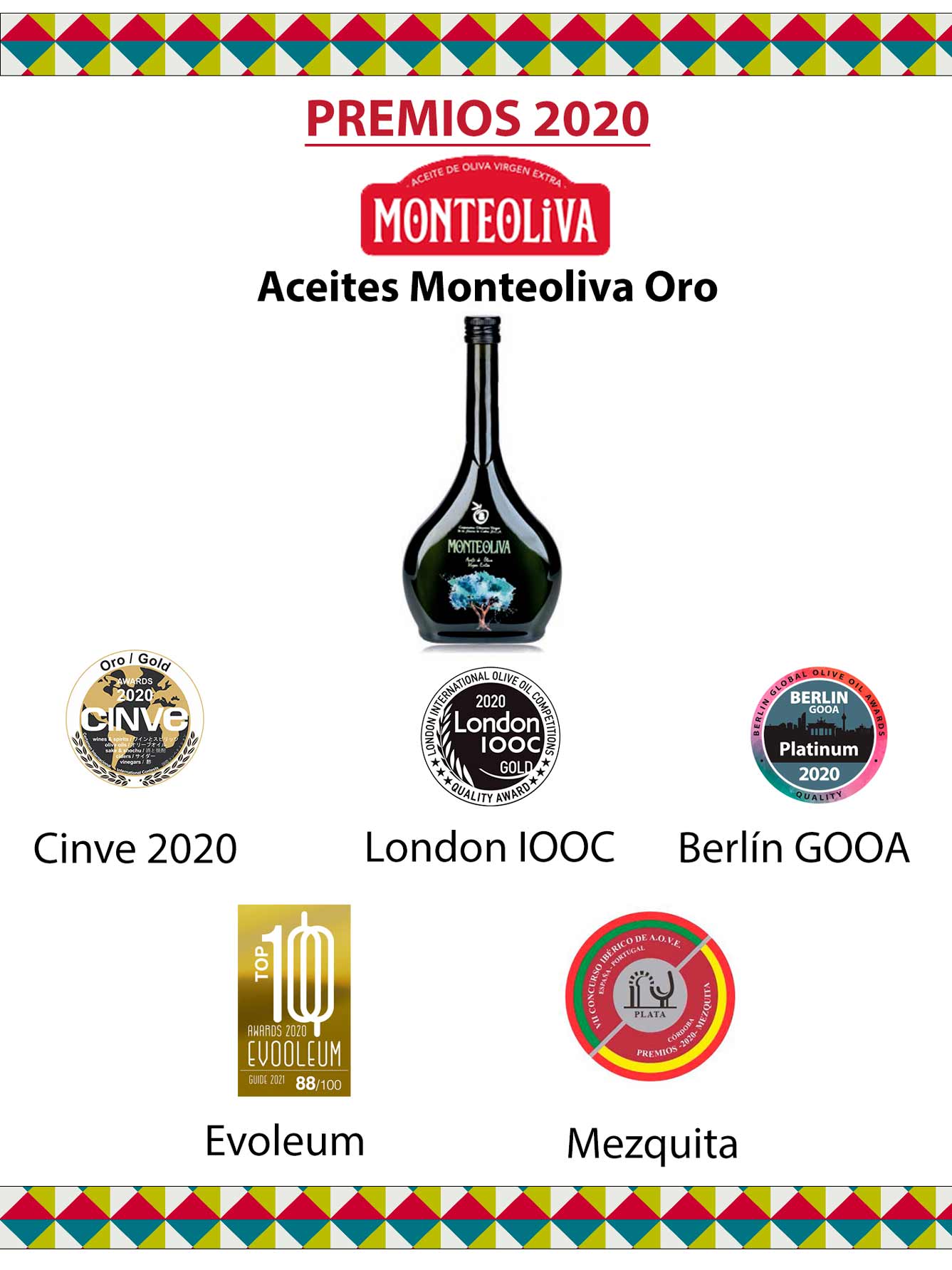 Premios que han recibido los aceites Monteoliva durante el año 2020 - 2